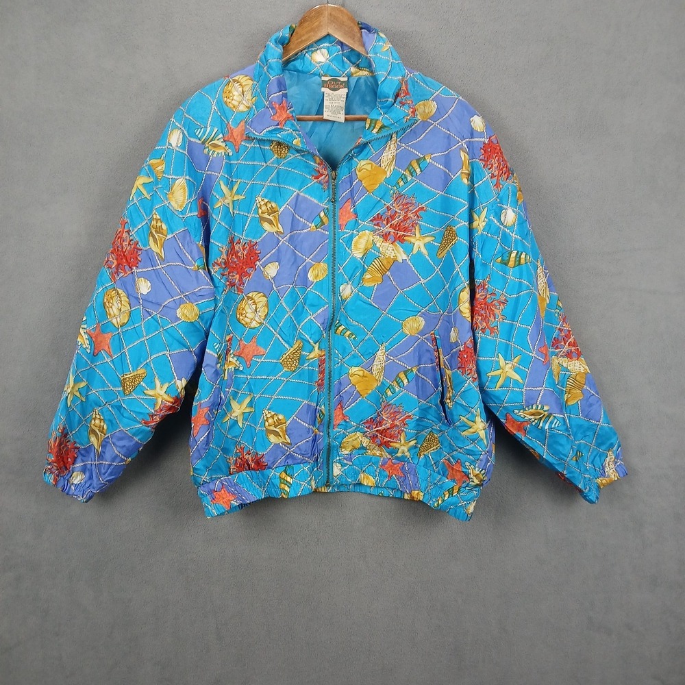 Vintage Outbrook Jacket Womens XL Blue‎ Nautical Print Lined Zip Up Outerwear